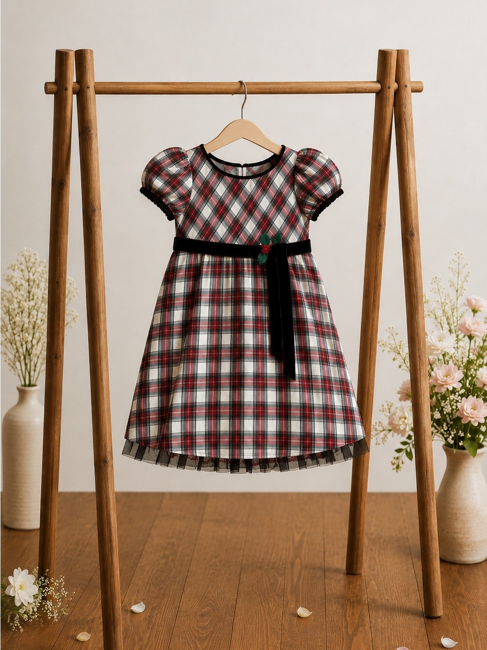 Bonnie Jean Red and Black Plaid Velvet-Sash Holiday Dress